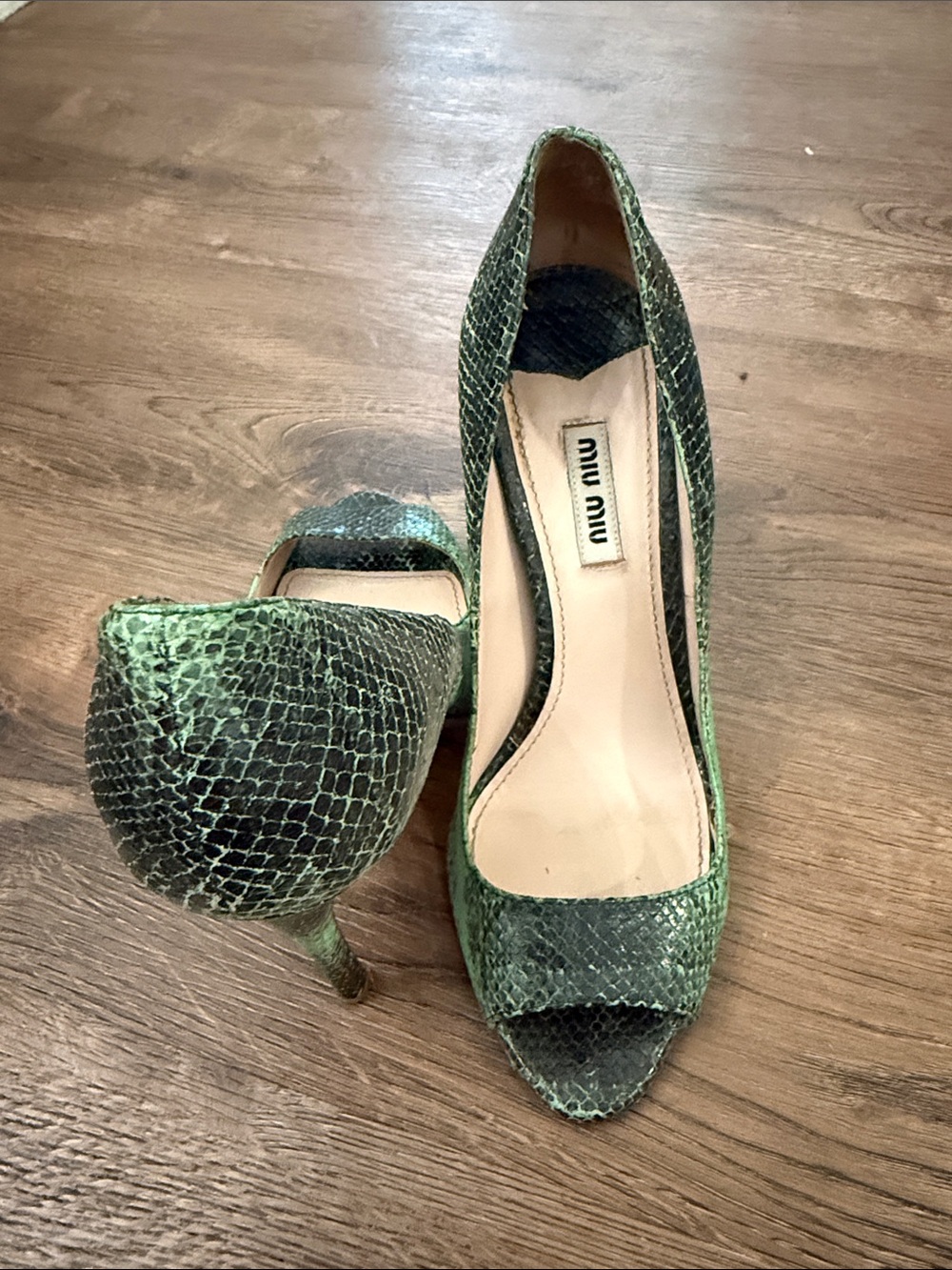 Miu Miu Green Snakeskin Peep-Toe Pump Size 38